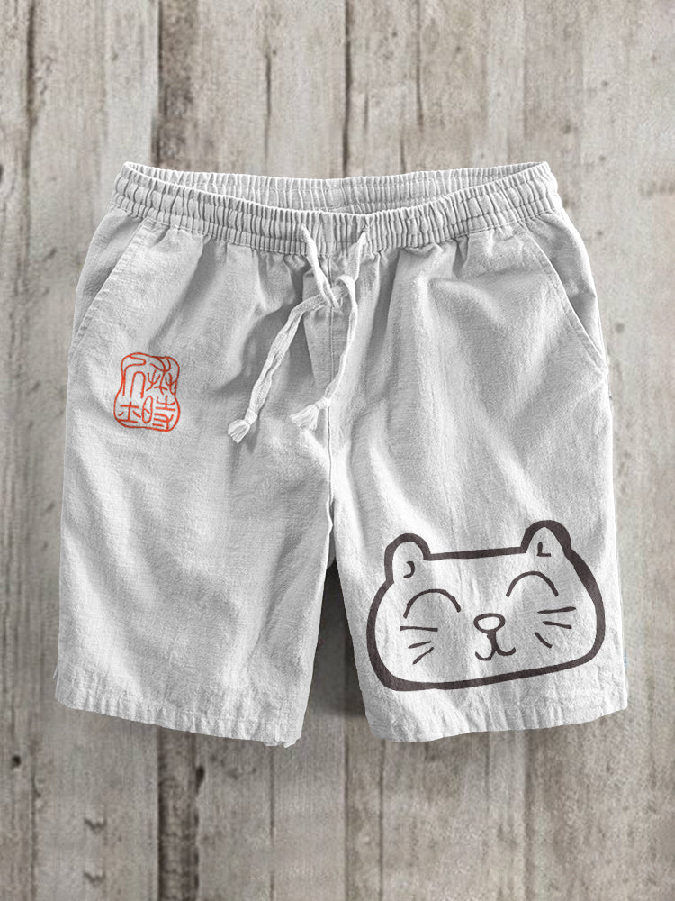 Japanese Art Cat Pattern Cotton Linen Casual Shorts elevenforest