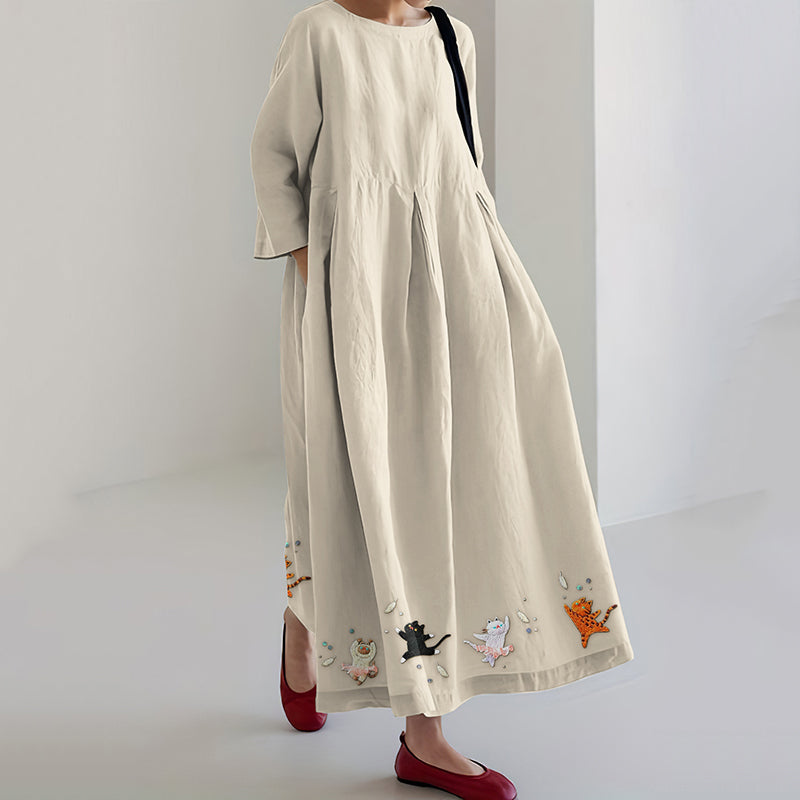 Women's Dancing Cats & Flowers Embroidery Art Cozy Maxi Dress elevenforest