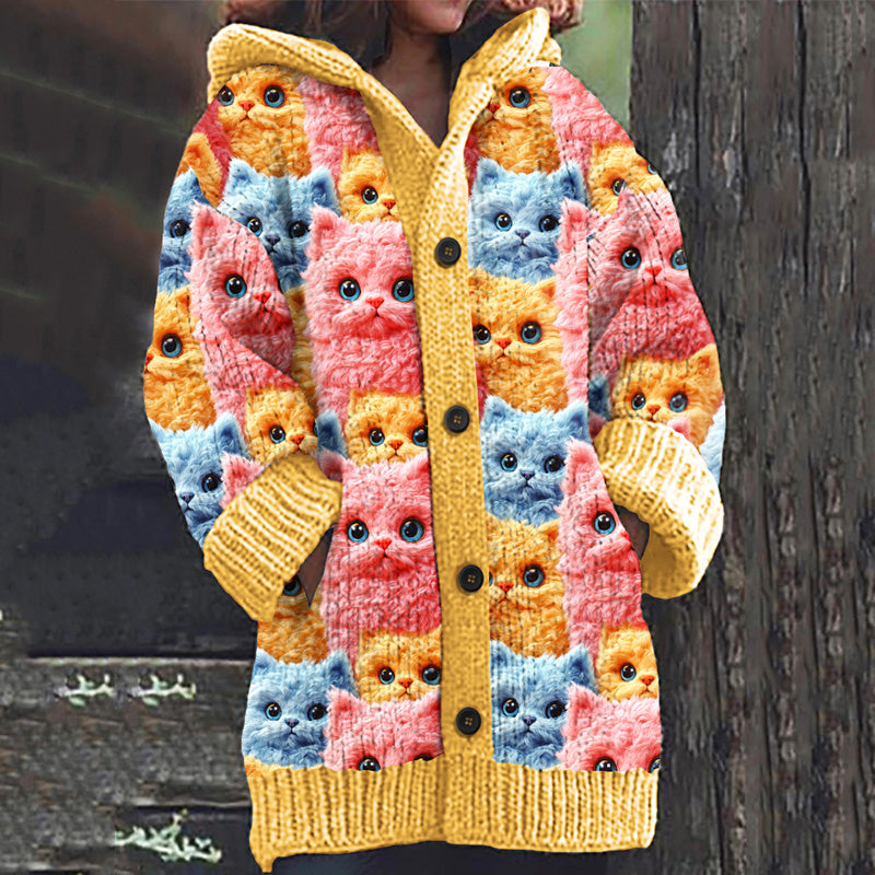 Vintage Multicolor Cat Family Art Women's Sweater Hooded Cardigan elevenforest