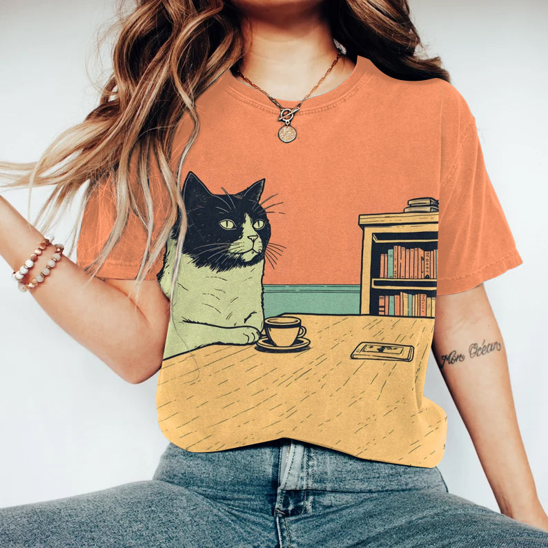 Abstract Creative Tuxedo Cat Chilling with Coffee Print Casual T-Shirt elevenforest