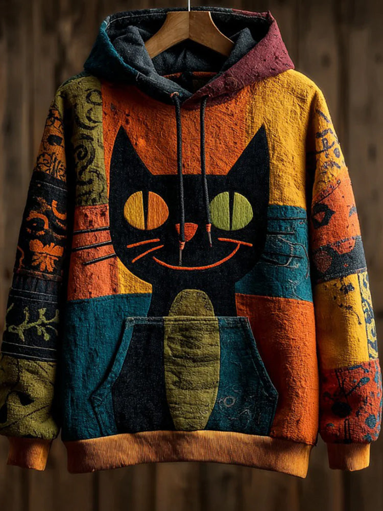 Vintage Halloween Patchwork Black Cat Print Art Casual Hoodie elevenforest