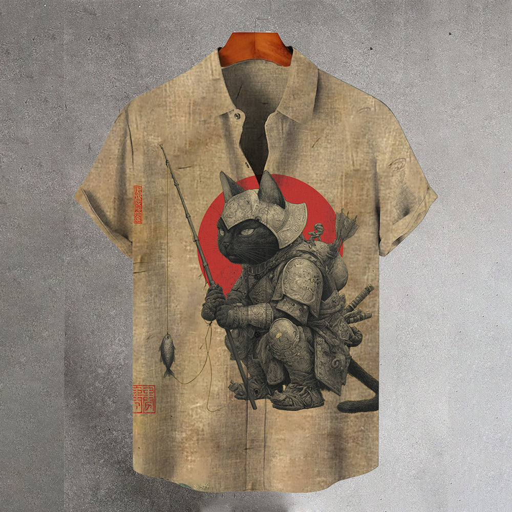 Fishing Black Cat Funny Short-sleeved Shirt elevenforest