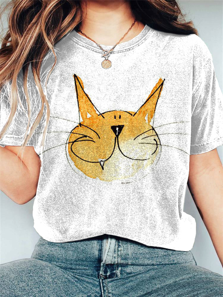 Cute Cat Print Cotton Blend T-shirt elevenforest