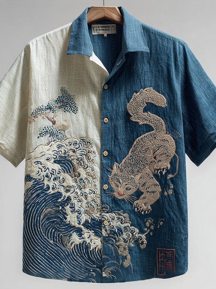 Vintage Japanese Waves & Cat Embroidered Cozy Linen Shirt elevenforest