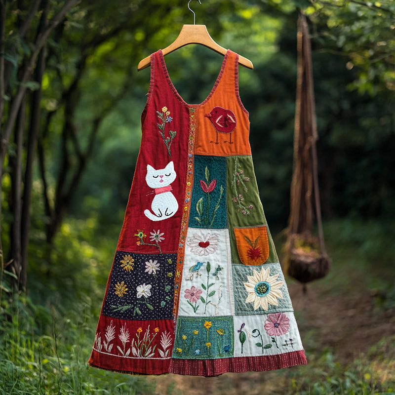 Women's Sleeping Cat And Bird Patch Sleeveless Dress elevenforest