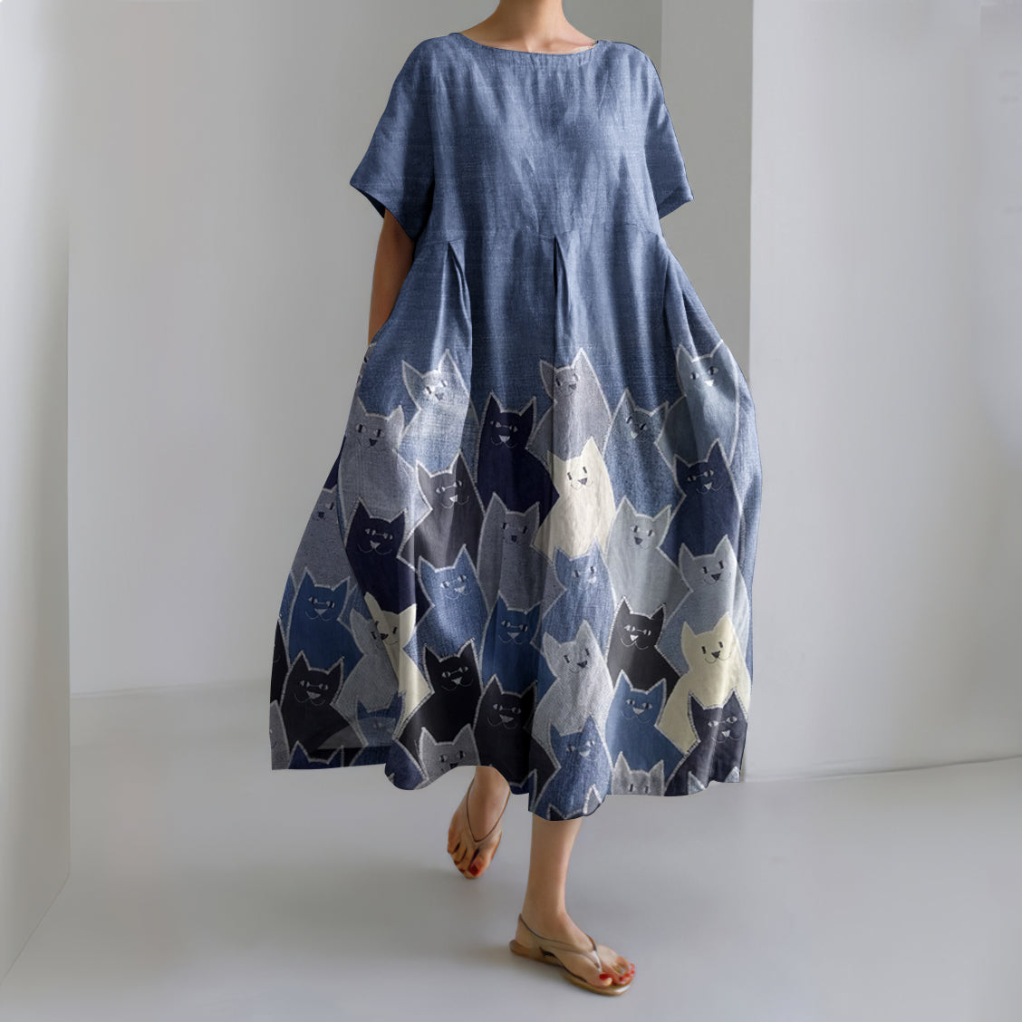 Women's Abstract Geometric Cat Art Linen Blend Maxi Dress elevenforest