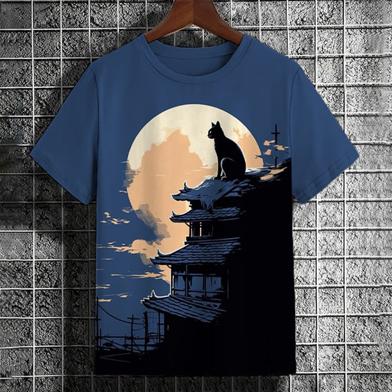 Men's Full Moon Roof Black Cat Japanese Art Print T-Shirt elevenforest