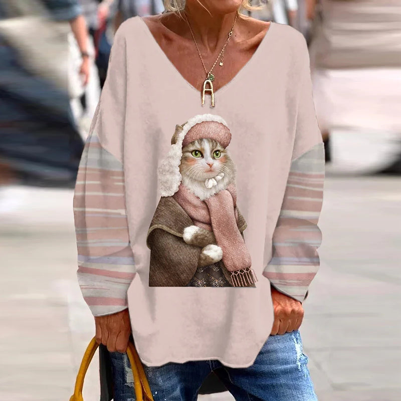 Autumn And Winter Cute Cat Print V-Neck Loose T-Shirt elevenforest