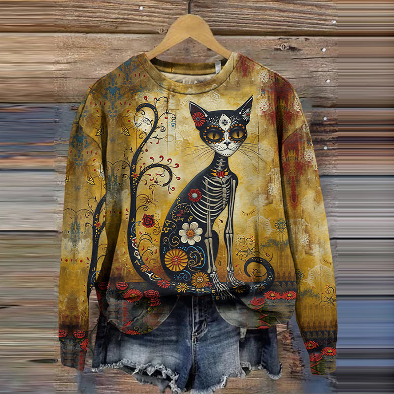 Mexican Day Of The Dead Cat Print Crew Neck Sweatshirt elevenforest