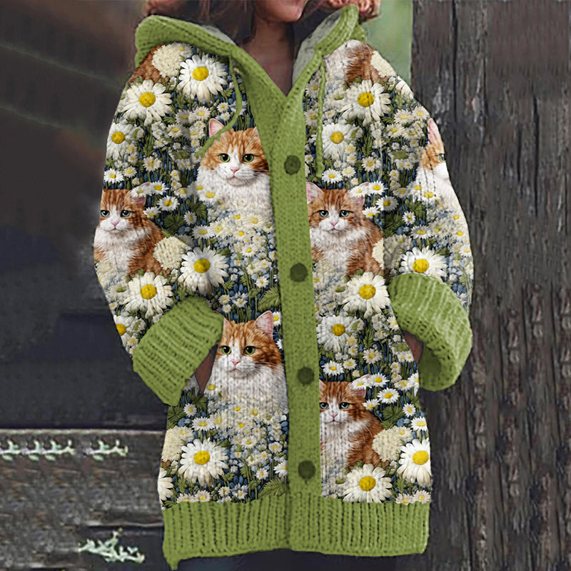 Cute Cat And Floral Daisy Art Cozy Cardigan Sweater elevenforest