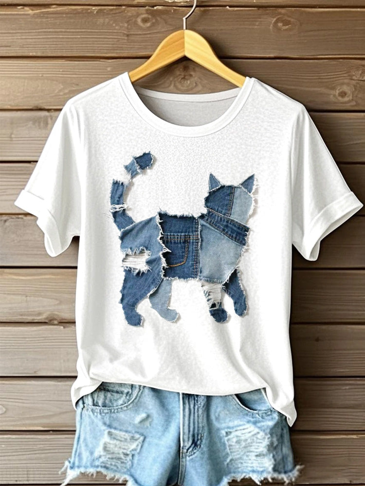 Women's Cute Cat Denim Patchwork Art T-shirt elevenforest