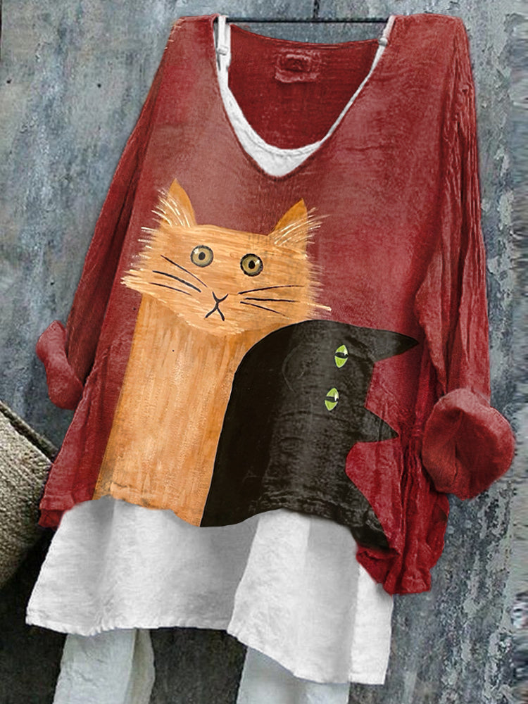 Women's Funny Cats Print Linen Blend Vintage Shirt elevenforest