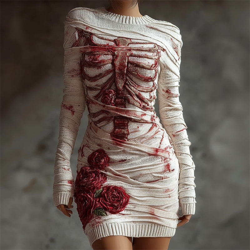 Classy Roses Skeleton Anatomy Bloody Bandages Cozy Sweater Dress artswardrobe