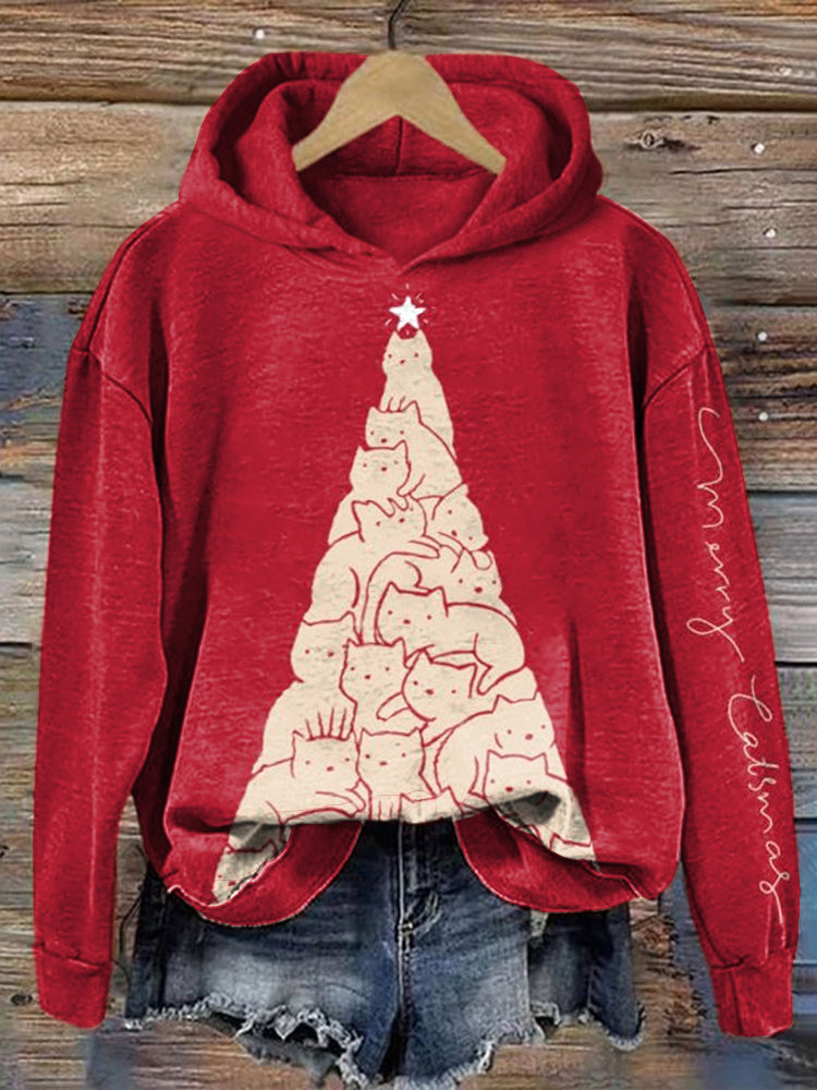 Merry Christmas Cute Cat Print Cozy Hoodie elevenforest
