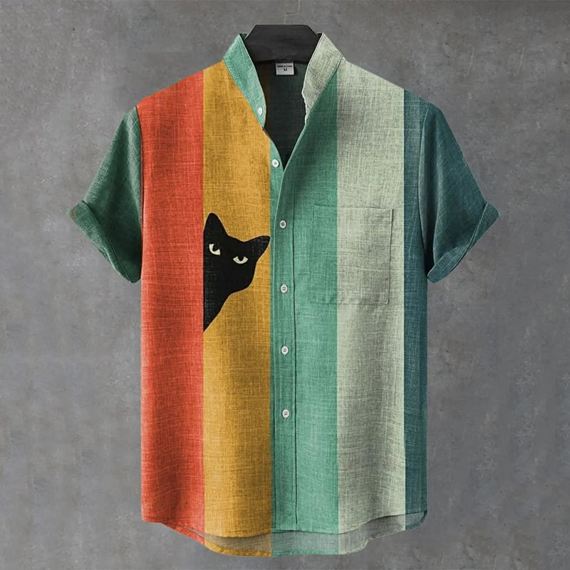 Men's Vintage Black Cat Contrast Stripes Art Short Sleeve Shirt elevenforest
