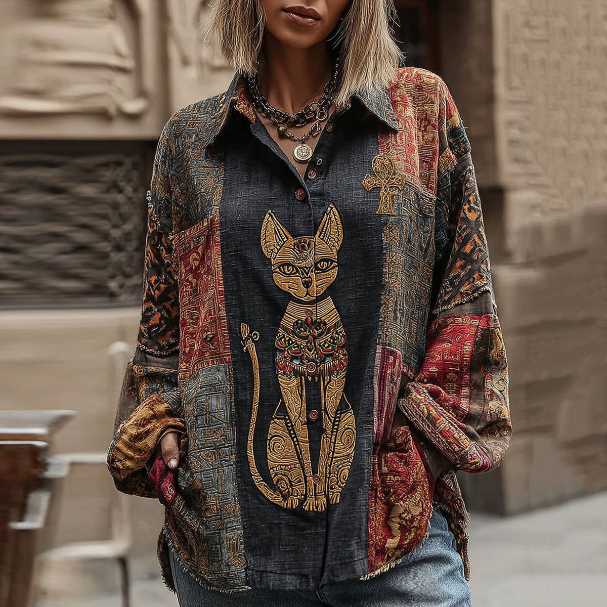 Women's Vintage Ancient Egyptian Cat Patchwork Linen Blend Shirt elevenforest