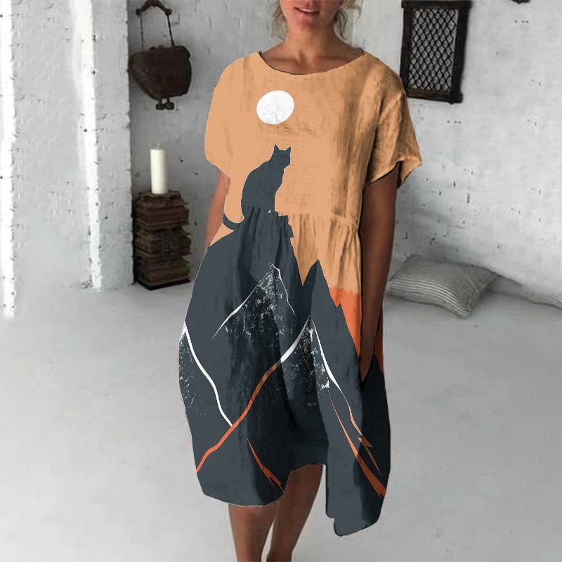Abstract Creative Cat Chasing The Sun Pattern Drawing Print Art Midi Dress elevenforest