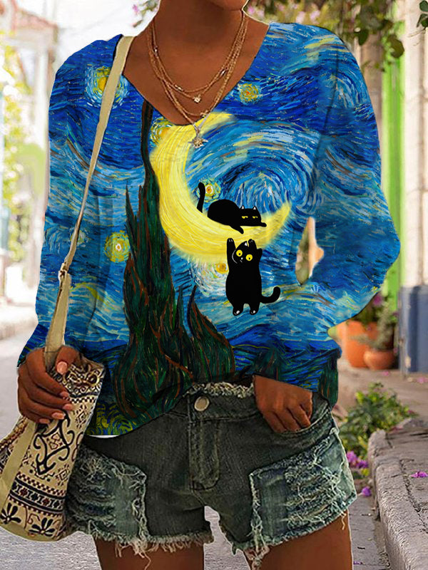 Women's Casual Art Funny Black Cat Print T-shirt elevenforest