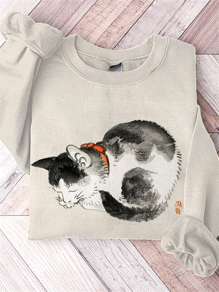 Japanese Art Sleeping Cat Print Sweatshirt elevenforest