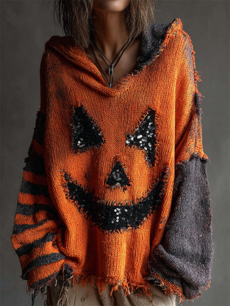Halloween Pumpkin Face Sequins Frayed Patchwork Hooded Sweater artswardrobe