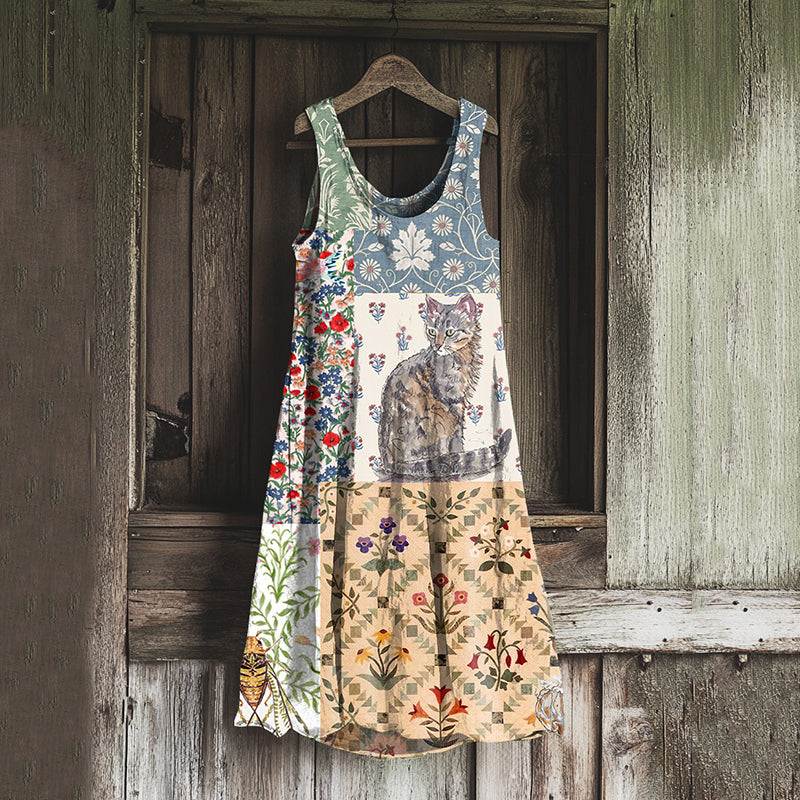Vintage Patchwork Cute Cat And Floral Art Linen Tank Dress elevenforest
