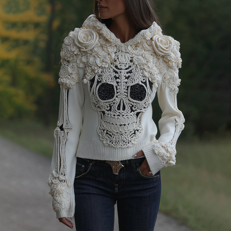 Women's Halloween Skull Face With Roses Art Knitted Warm Hooded Sweater artswardrobe