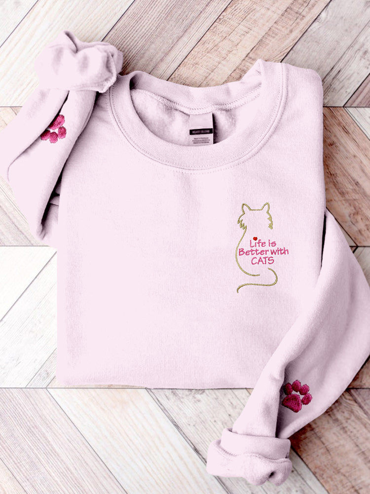 Life Is Better With Cats Embroidered Comfy Sweatshirt elevenforest