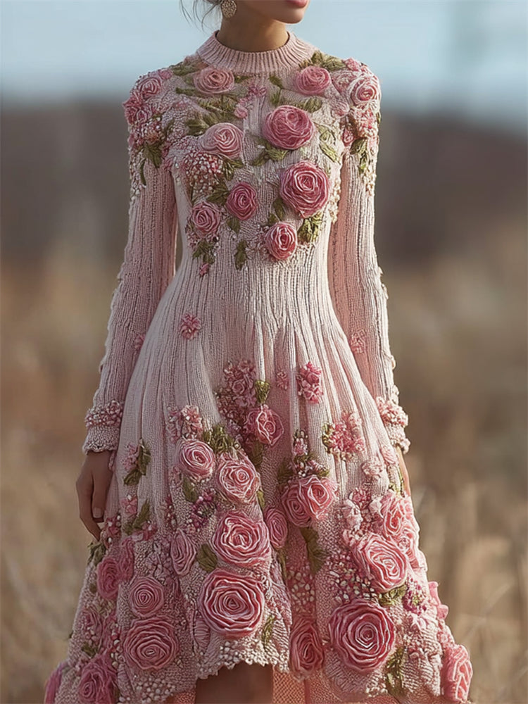 Classy Pink Roses Beaded Cozy Knit Sweater Dress artswardrobe