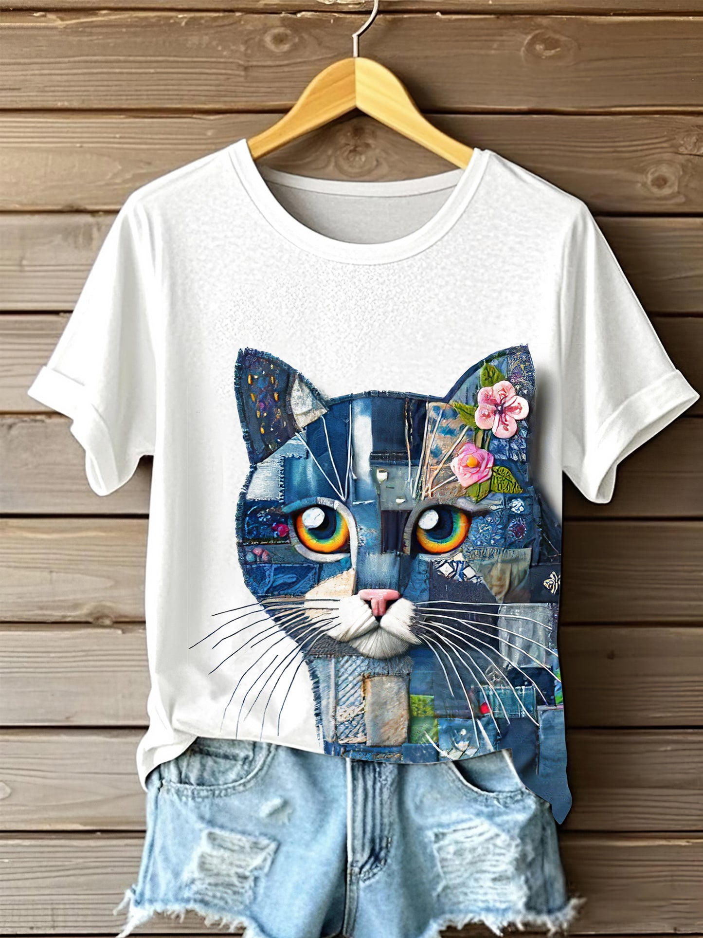 Women's Denim Cat Portrait Art Print Short Sleeve Casual T-shirt elevenforest