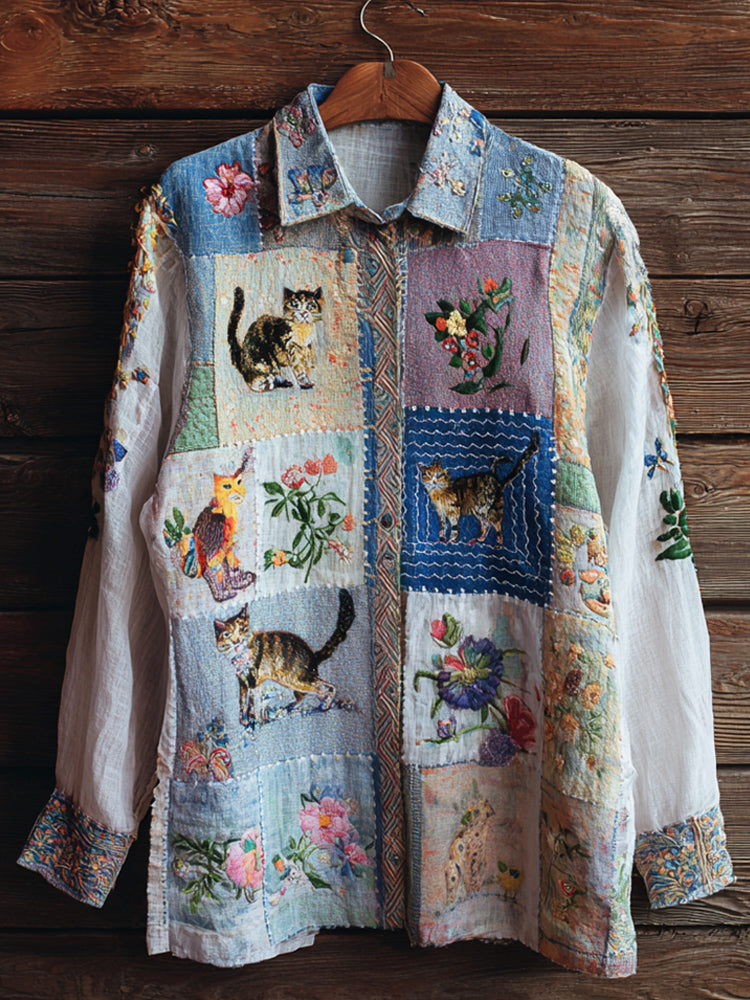 Boho Floral & Cats Embroidery Art Women's Linen Long Sleeve Shirt elevenforest