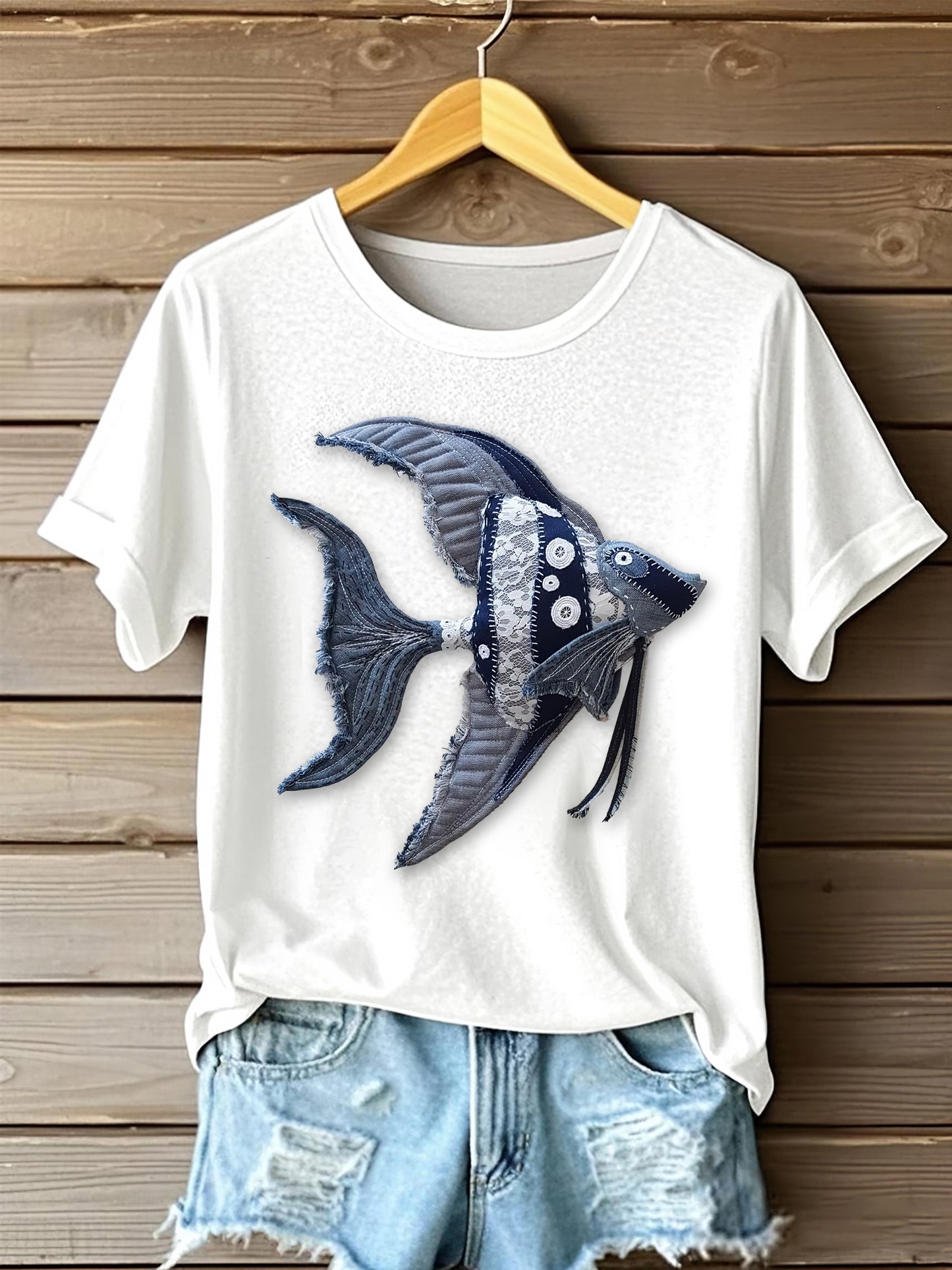 Women's Denim Lovely Fish Portrait Art Print Short Sleeve Casual T-shirt elevenforest