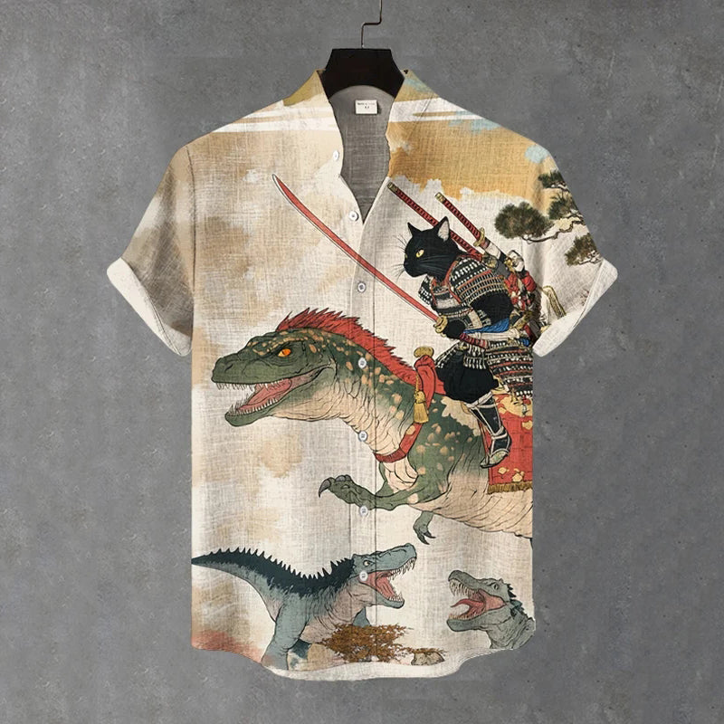 Men's Warrior Cats Fight Dinosaurs Art Print Casual Shirt elevenforest
