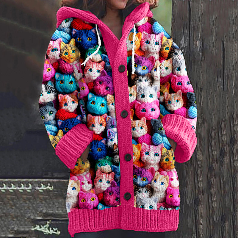 Cat Art Print Knitted Hooded Cardigan elevenforest