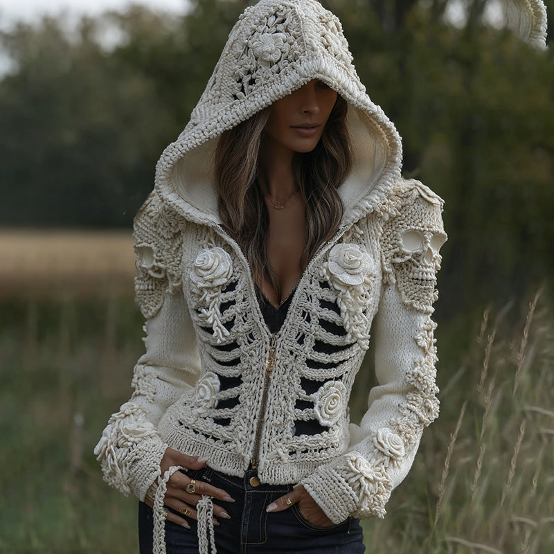 Women's Halloween Skeleton Bones With Roses And Skull Art Knitted Warm Zipped Hooded Sweater artswardrobe