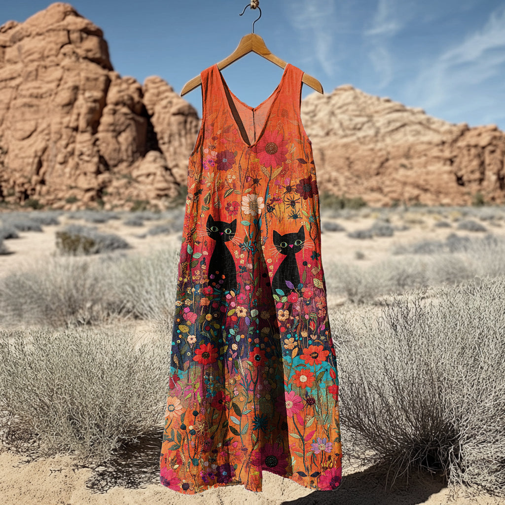 Women's Vintage Cat Floral Art Linen Tank Dress elevenforest