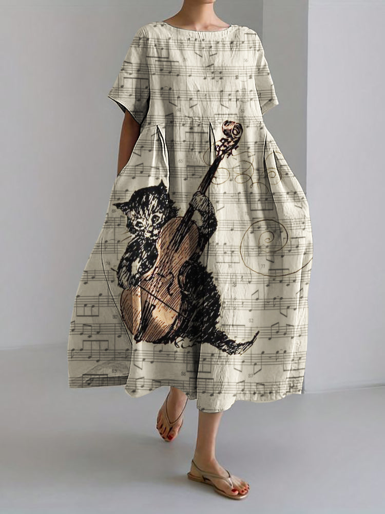 Lovely Cat Musician Sheet Music Linen Blend Maxi Dress elevenforest
