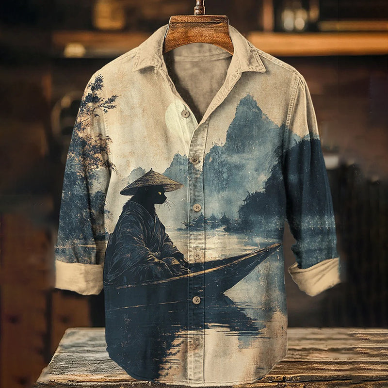 Men's Black Cat Rowing Landscape Ink Painting Art Print Long Sleeve Shirt elevenforest