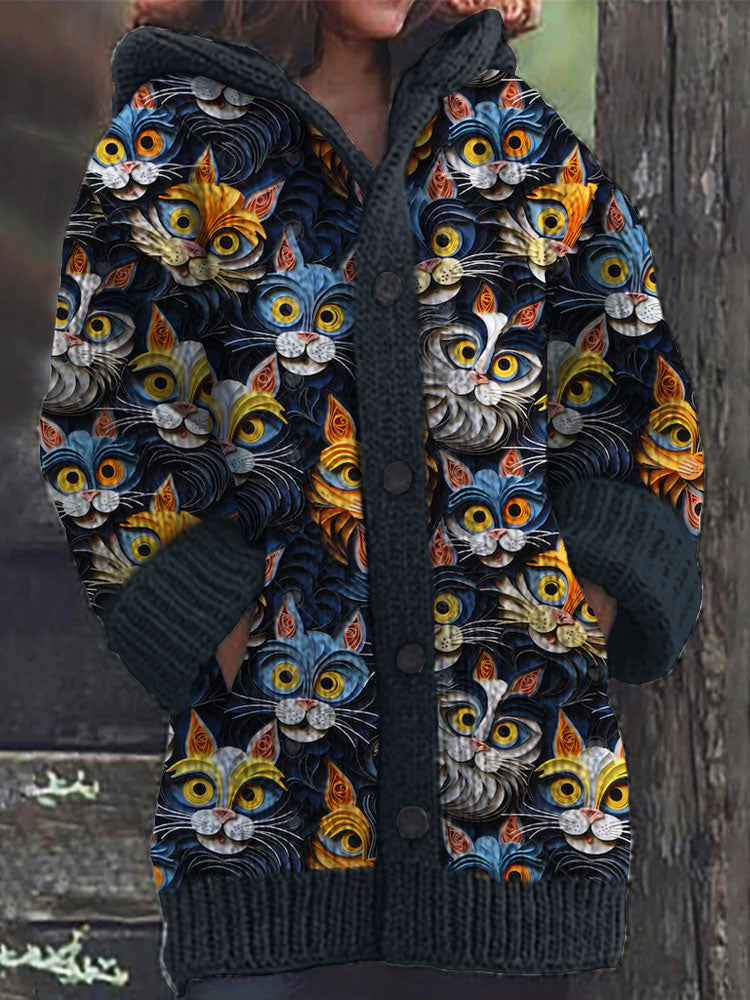 Colorful Cat Pattern Cozy Hooded Cardigan elevenforest