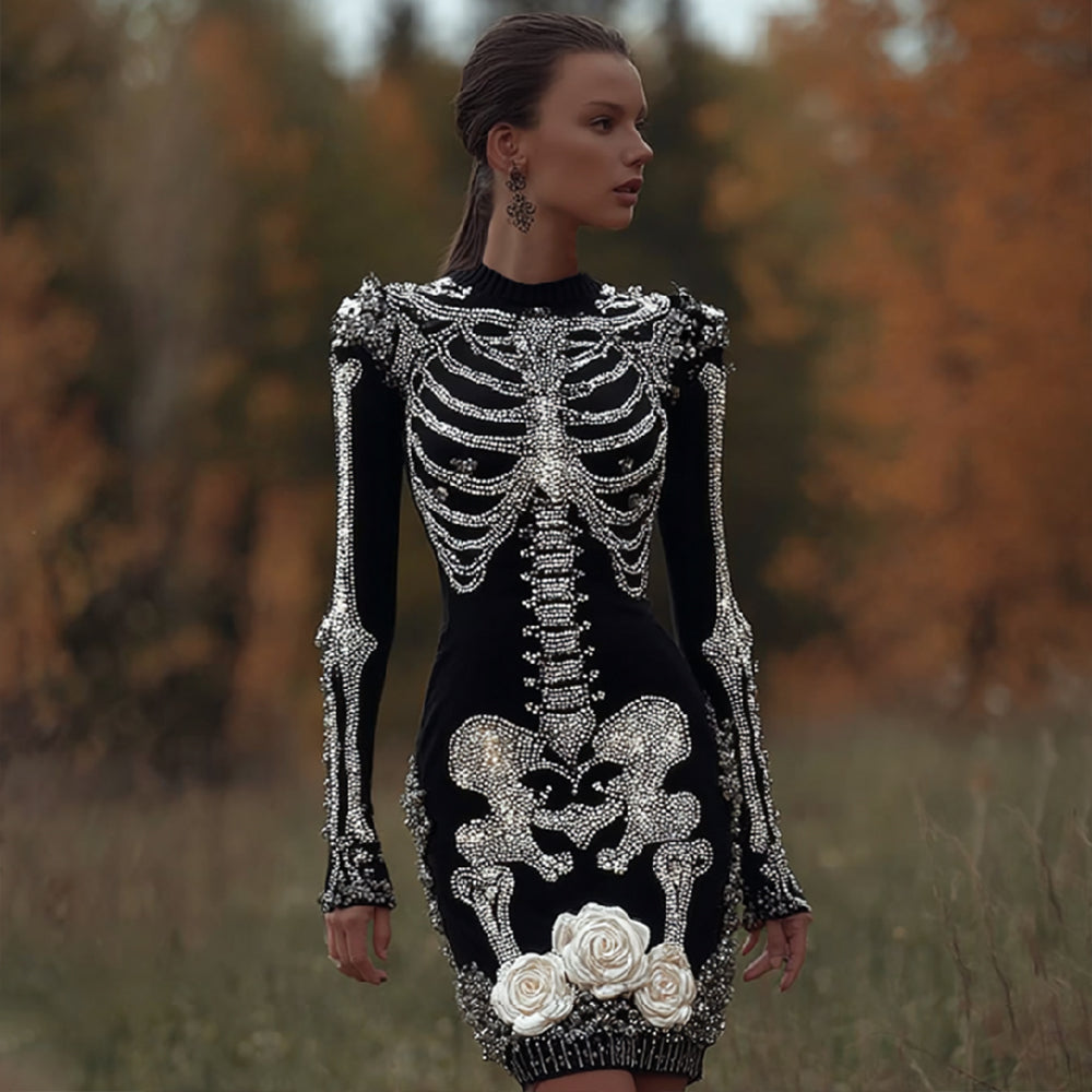 Women's Halloween Human Skeleton Skeleton Rose Gothic Round Neck Knitted Dress artswardrobe