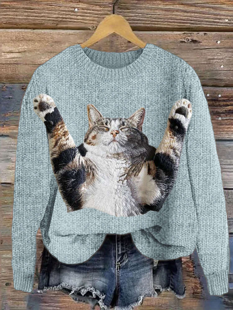Stretching Cat 3d Embroidery Women's Cozy Sweater elevenforest