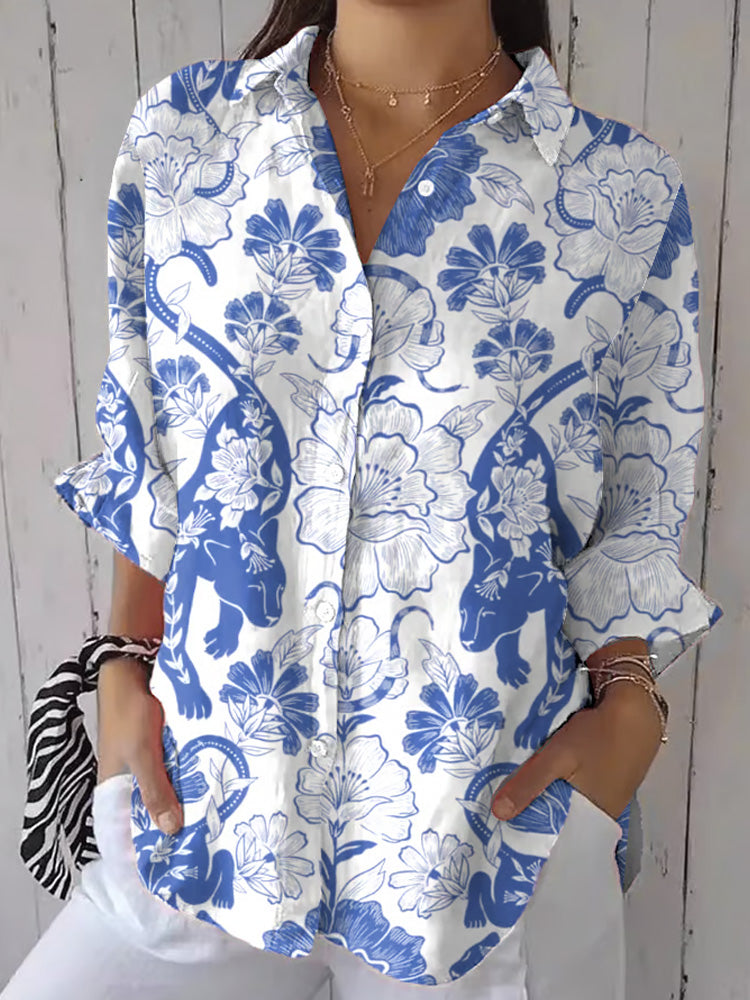 Women's Vintage Animal Print Casual Long Sleeve Comfortable Cotton Shirt elevenforest