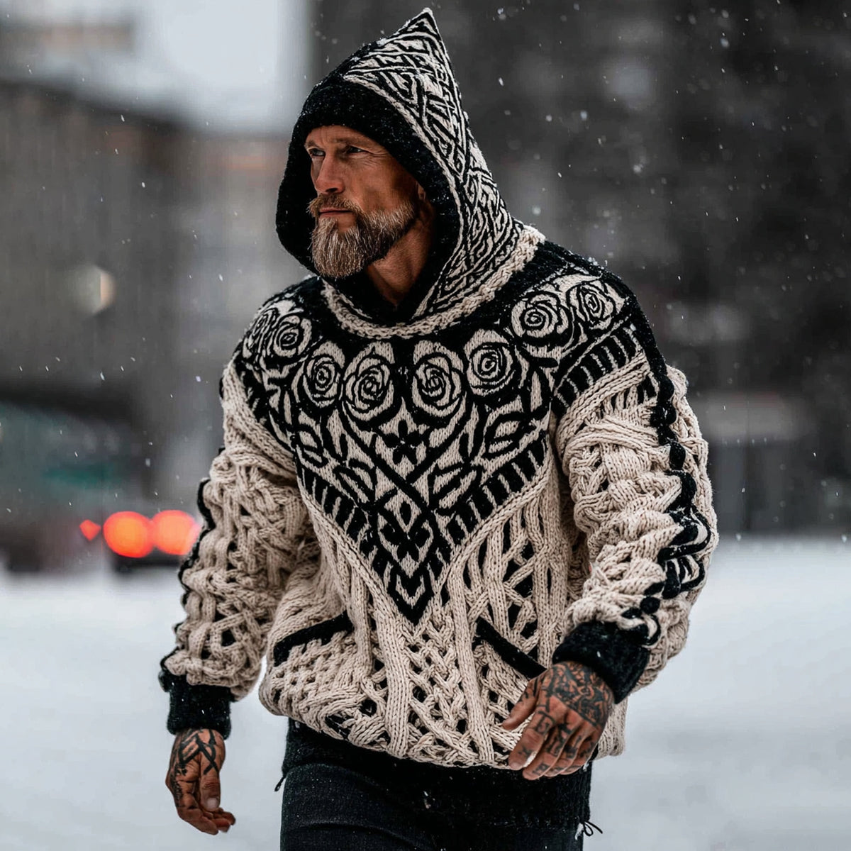Men's Viking Tribal Jacquard Celtic With Rose Inspired Chunky Knit Hooded Sweater artswardrobe
