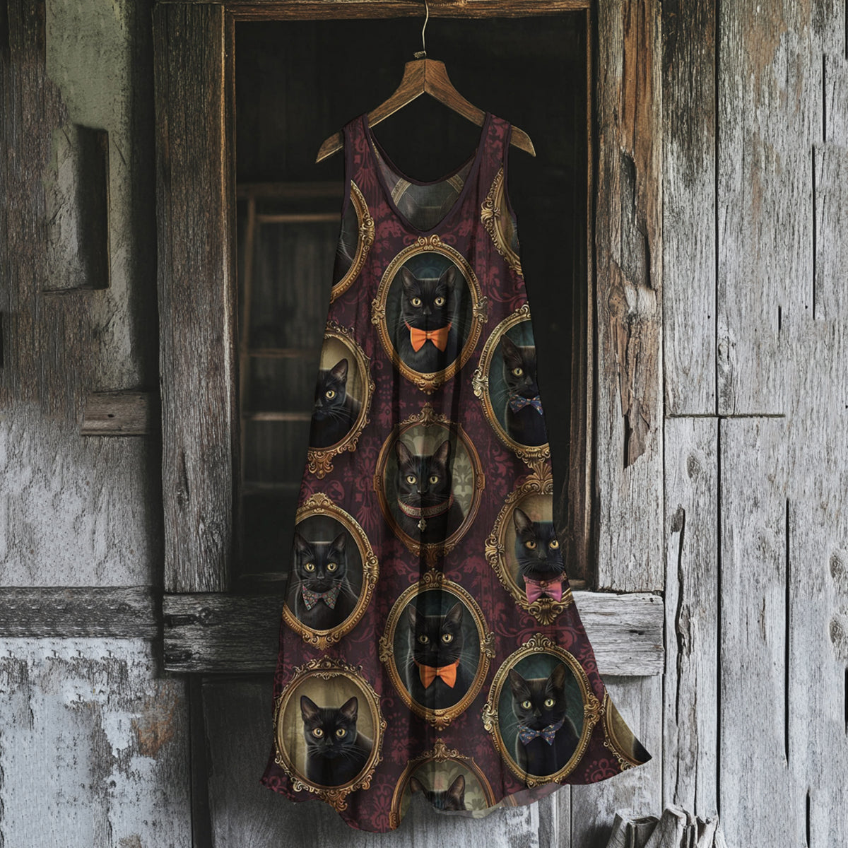 Women's Vintage Cat Bow Pattern Cotton And Linen Dress elevenforest