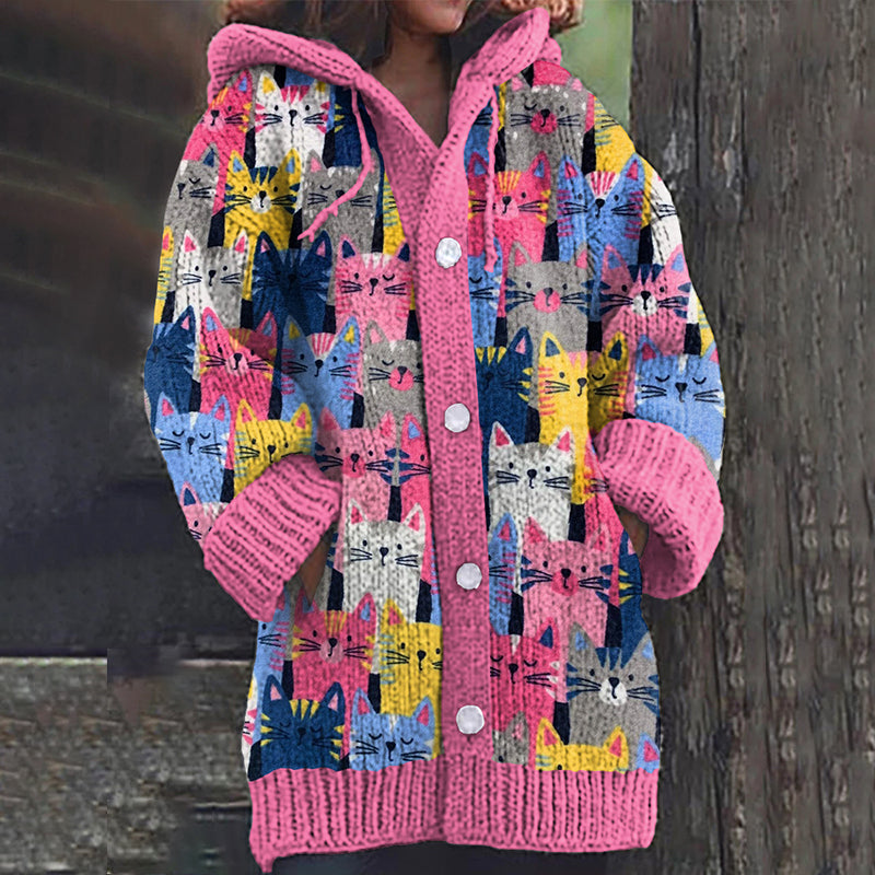 Vintage Color Block Cats Button Cozy Cardigan Sweater elevenforest