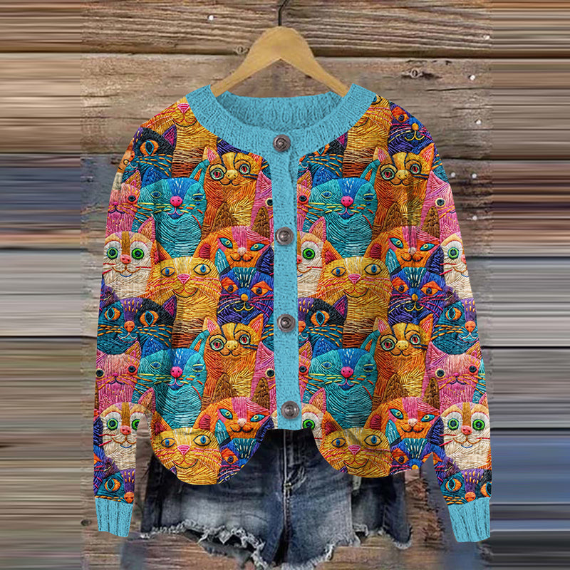 Colorful Cats Embroidered Crew Neck Cozy Cardigan elevenforest