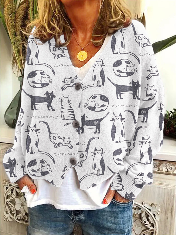 Cartoon Cat Knit V-Neck Sweater Cardigan elevenforest