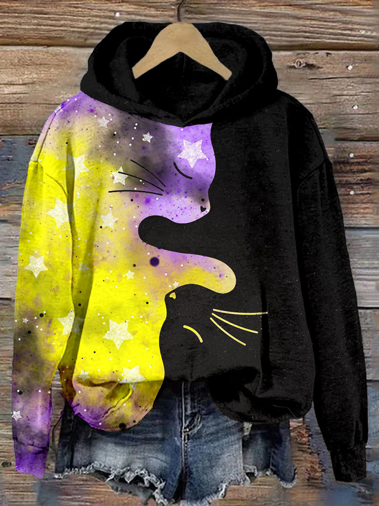 Non-binary Yin Yang Cat Print Vintage Cozy Hoodie elevenforest