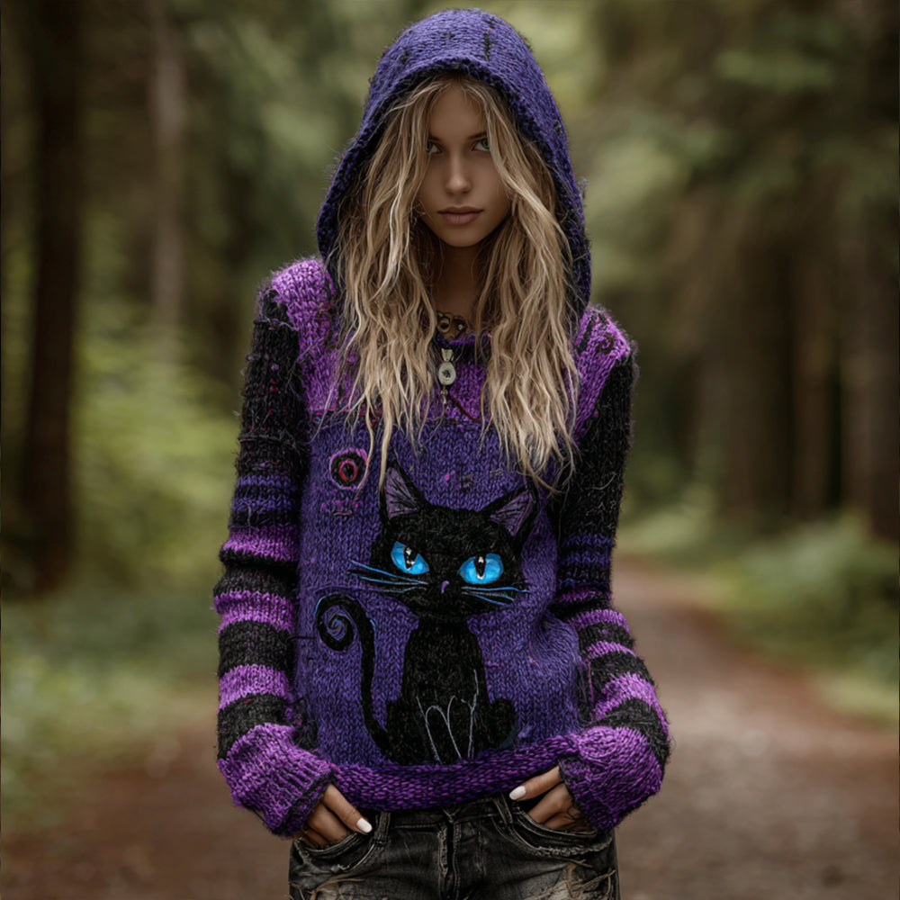 Women's Halloween Little Black Cat Pattern Dirty Color Vintage Hooded Sweater elevenforest