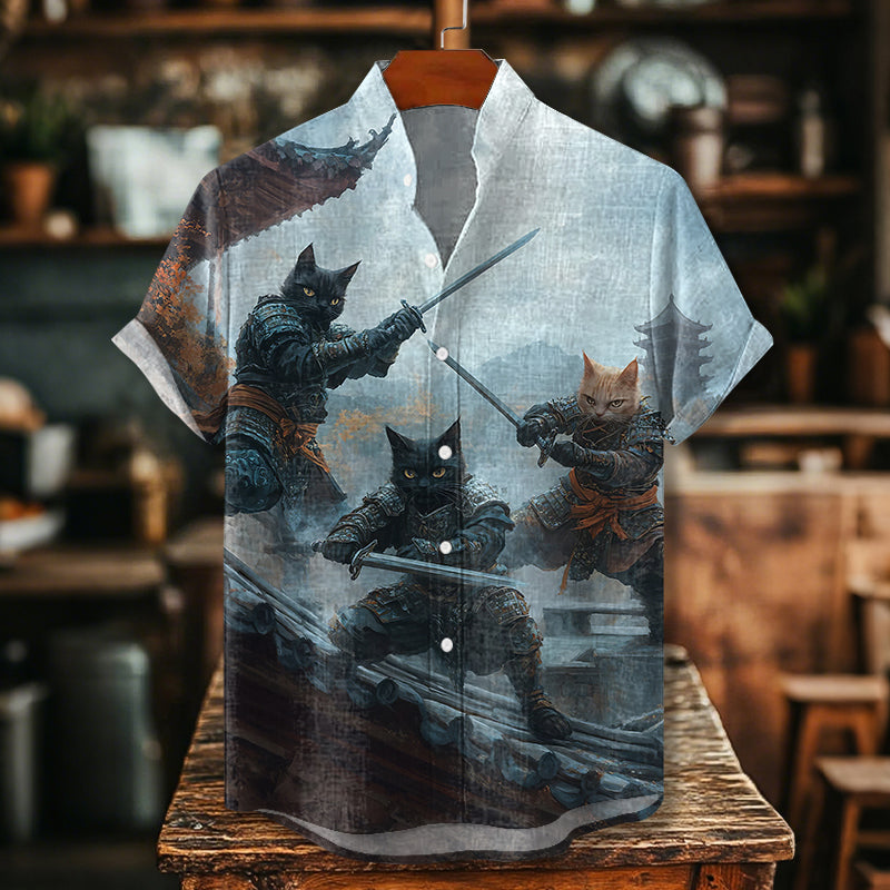 Men's Warrior Cat Japanese Art Print Short Sleeve Shirt elevenforest