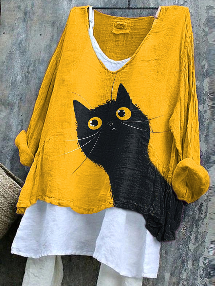 Funny Cat Print Linen Blend Casual Shirt elevenforest